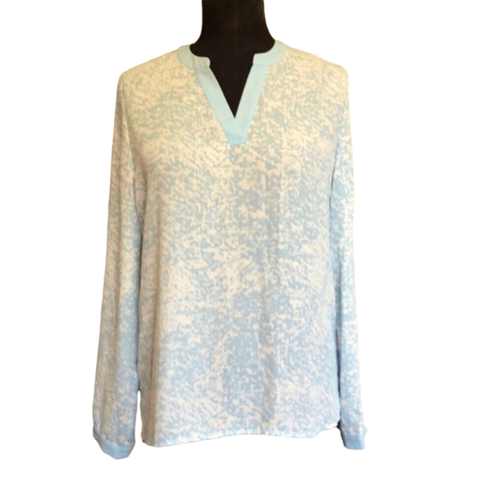 Kenneth Cole Blue & White V-Neck Long Sleeve Blouse, Size Medium